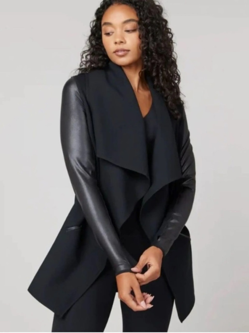 Spanx Draped Front Faux Leather Effortless Layering Moto Snap Jacket.